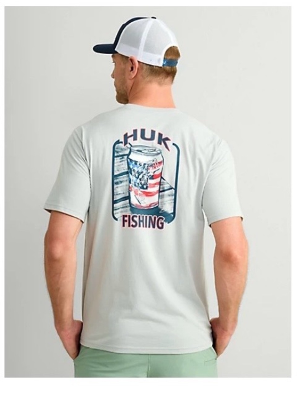 Huk Light Gray Tee with Navy and Red Fishing Graphic
